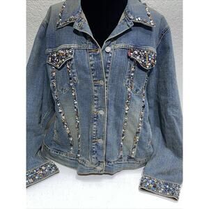 Women's Levi’s Levi Strauss Denim Jean Jacket Stones Rocks Custom Cross Large